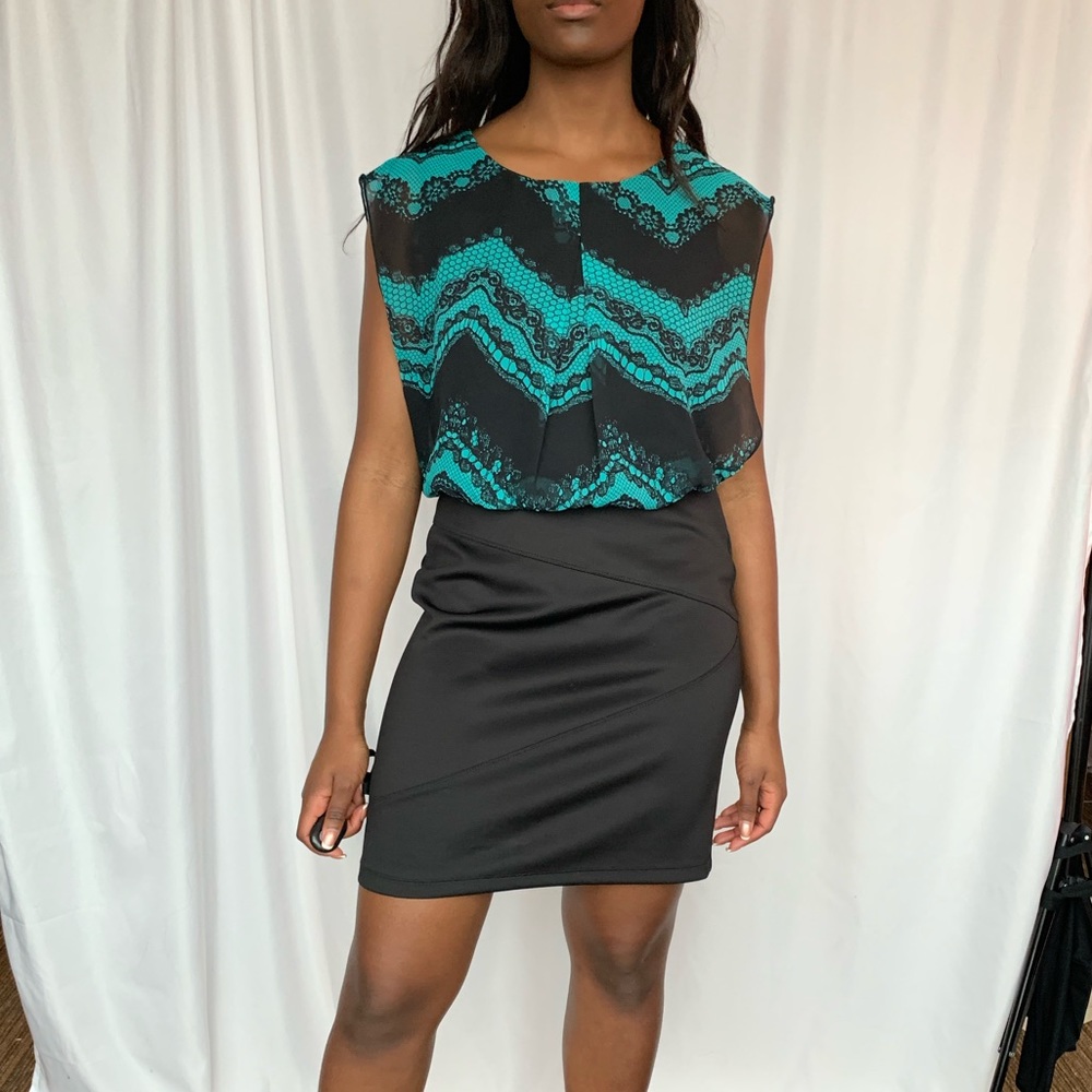 Blue and Black printed mini dress.